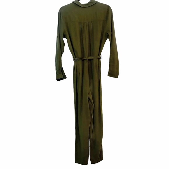 Modcloth Womens Size M Green Linen Viscose Roll Tab Sleeves Tie Belt Jumpsuit - Picture 2 of 10